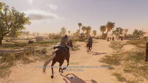 Basim and Roshan ride horses through a desert in Assassin's Creed Mirage