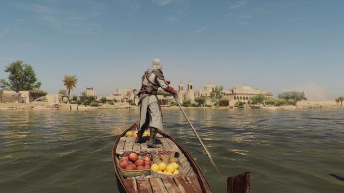 Basim rides a boat full of fruit through a lake in Assassin's Creed Mirage