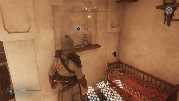 Basim faces a small shelf with an enigma scroll on it in Assassin's Creed Mirage
