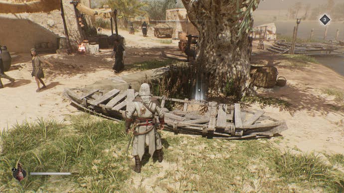 Basim faces a broken boat and large tree with a treasure glowing in front of them in Assassin's Creed Mirage
