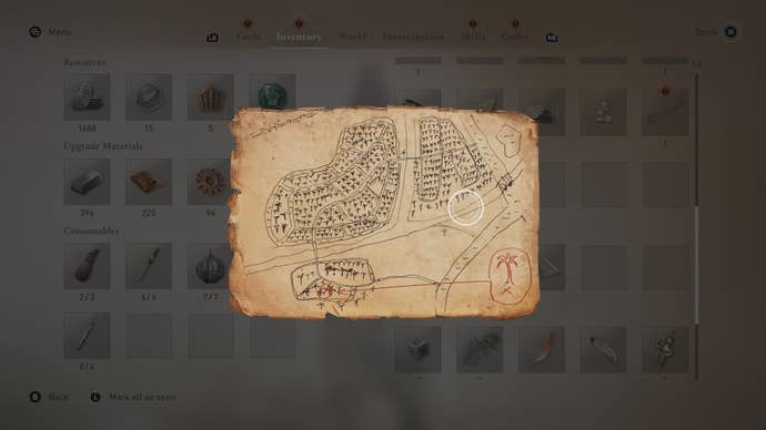 The Joy Beneath Weeping Palms enigma clue is shown, which is a drawing of Palm Grove in Assassin's Creed Mirage