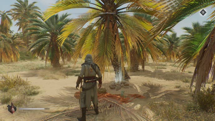 Basim uncovers the treasure beneath the slanted palm tree in Palm Grove