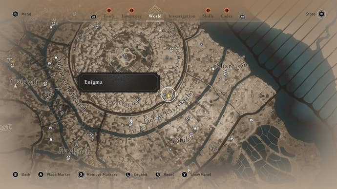 The location of the Just Rewards enigma is shown on the world map in Assassin's Creed Mirage