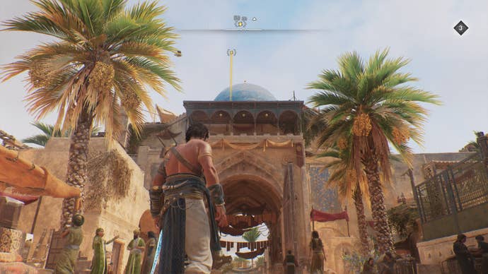 Basim looks up at a balcony over a gate in Assassin's Creed Mirage