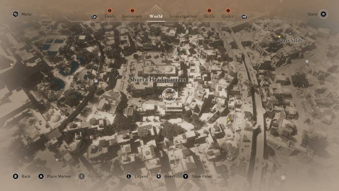The location of the reward for solving the Just Rewards enigma is shown on the world map in Assassin's Creed Mirage