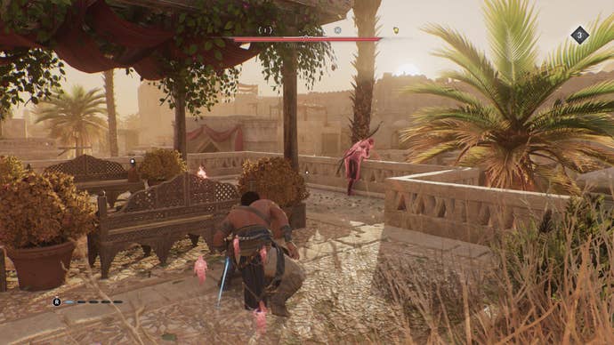 Basim crouches on a balcony near a guard where the Solve This Problem Quickly For Me enigma can be found in Assassin's Creed Mirage