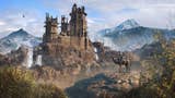 Assassin's Creed Mirage artwork showing a fortress being constructed on rocky cliffs with snow-capped mountains in the background. This is Alamut, a base of operations for the Hidden Ones.