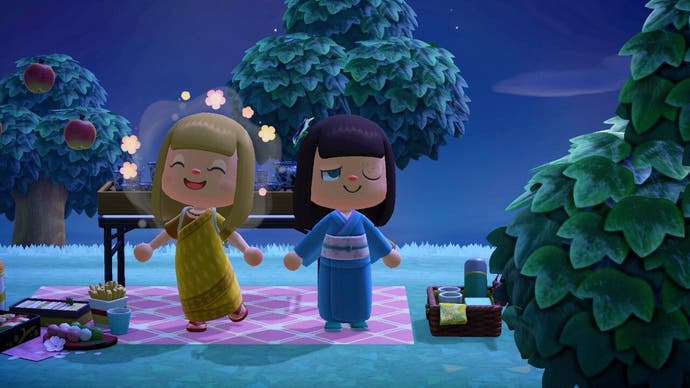 Animal Crossing'de gece yarısı pikniğinin tadını çıkaran iki oyuncu