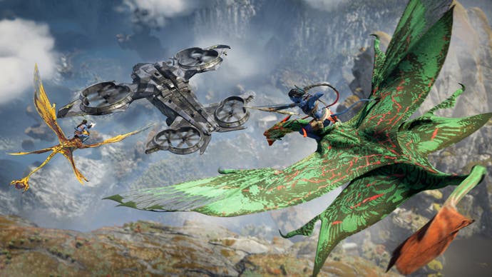 An aerial combat moment in the new Avatar game, where two flying lizard-mounted Na'vi descend on a quad-rotored human helicopter.
