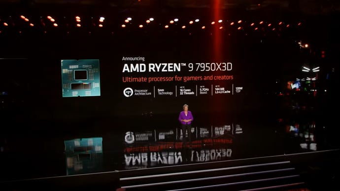 AMD's stage show at CES 2023, showing specs for the Ryzen 9 7950X3D CPU.