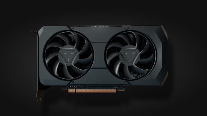 A render of the AMD Radeon RX 7600 XT graphics card, against a black background.