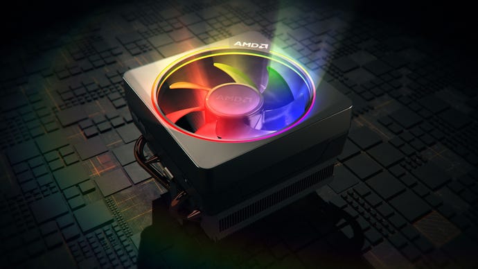 A CG render of an AMD Wraith Spire cooler with shining RGB lighting.