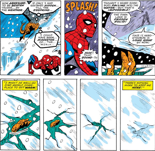 Interior comics panels featuring Spider-Man and the Lizard in the snow