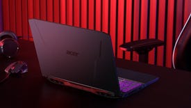 A rear view of the Acer Nitro 5 gaming laptop on a desk.