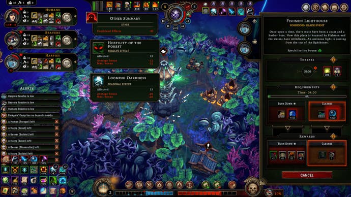 Screenshot of Against the Storm, showing a settlement under high hostility, where many settlers have negative resolve and some have already left