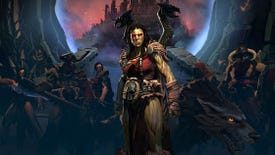 Key art from Age Of Wonders 4 showing an orc standing in front of a magic portal with a castle inside