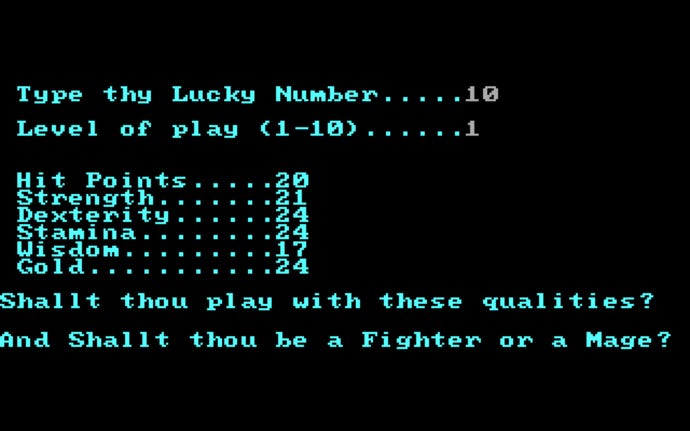 صفحه خلق شخصیت در RPG Akalabeth: World Of Doom در سال 1979، صفحه‌ای از متن فیروزه‌ای روی مشکی، با گزینه‌های بسیار کمی