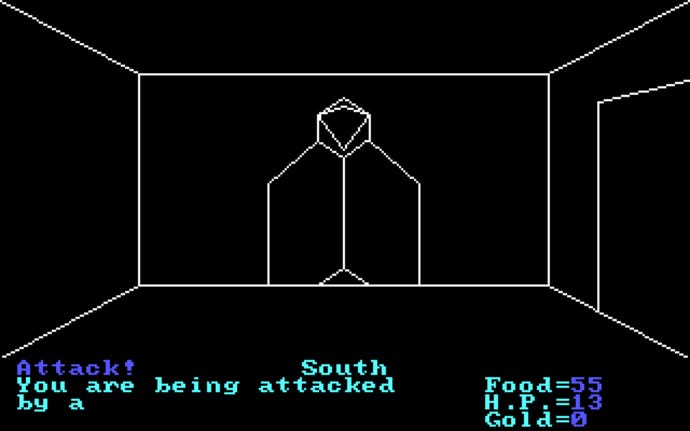 Fighting a thief in a wireframe dungeon in 1979's Akalabeth: World Of Doom