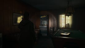 A screenshot from Alan Wake 2 showing a "Death Rally" arcade machine in a very dark room.