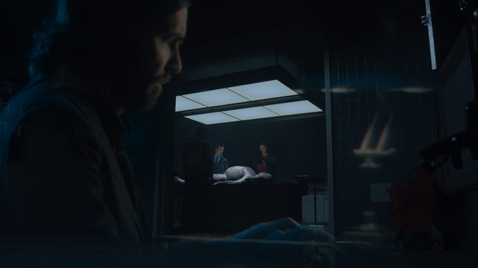 Saga conducts an autopsy in Alan Wake 2, while a spectral Alan himself writes the scene on a typewriter.