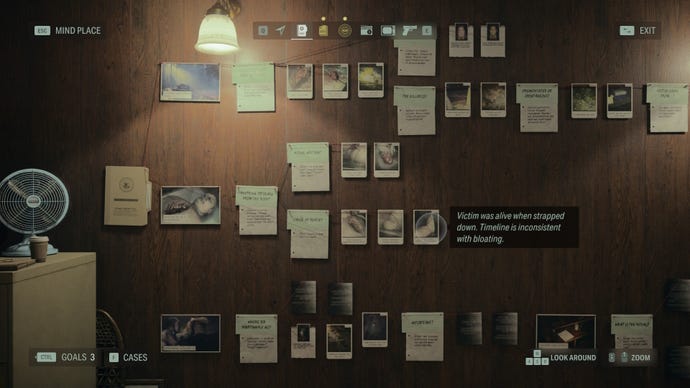 An evidence board for a murder case in Alan Wake 2