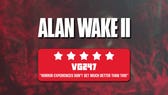 A review header for VG247's Alan Wake 2 review, featuring the game name, a five-star rating, and a quote that reads: "Horror experiences don't get much better than this".