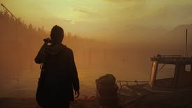 Saga stares out onto a lake at sunset in Alan Wake 2