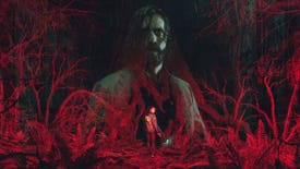 The key art work for Alan Wake 2, showing Alan and FBI agent Saga in a red forest