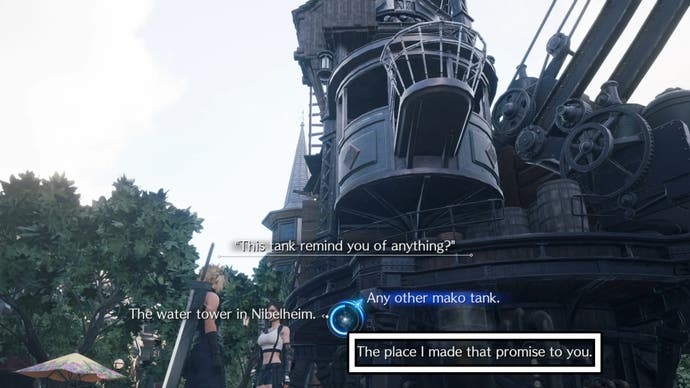 Choose the “The place where I made you this promise” choice when talking to Tifa in Kalm in Final Fantasy 7 Rebirth.