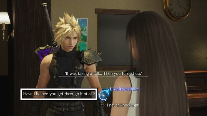 By choosing the question “Did I help you get through this?” » choice speaking to Tifa in Nibelheim in Final Fantasy 7 Rebirth.