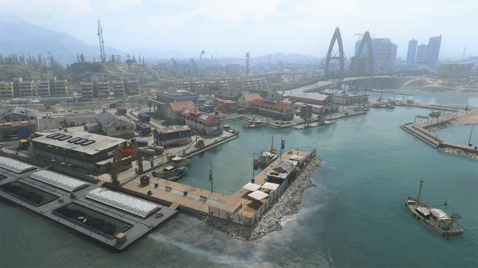 Drohnenansicht des Seaport District Point of Interest auf der Urzikstan Warzone -Karte