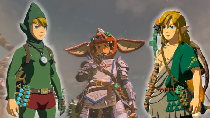 Link wearing the Archaic and Tingle armor sets, and the Bokoblin Mask in Zelda: Tears of the Kingdom.