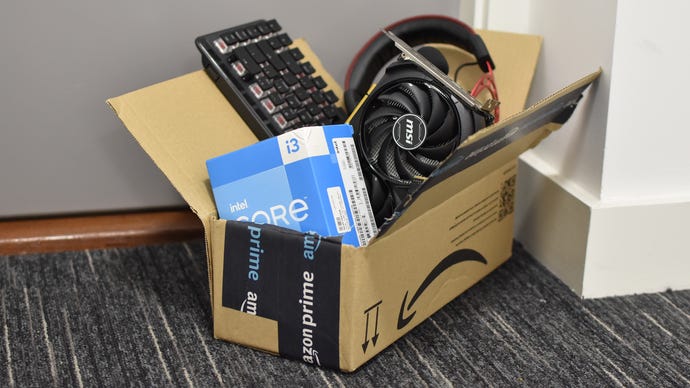 Averious PC gaming components and peripherals in an Amazon Prime Box.