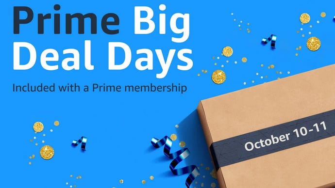 A promotional banner for Amazon Prime Big Deal Days 2023, with the dates printed on a box.