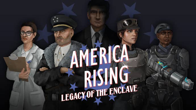 Arte de portada del mod America Rising en Fallout 4: cinco personajes parados en fila, todos luciendo orgullosos y como algo sacado de un taller de propaganda del ejército estadounidense.