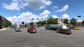 Screenshot of American Truck Simulator's upcoming Oklahoma DLC pack, showing cars and trucks at an intersection