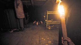 First-person view of a torch approaching a group of feasting rats in Amnesia: The Bunker