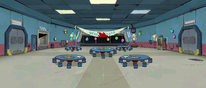 Una mirada a la serie animada Among Us que muestra una cafetería vacía con pizza y globos.  Una pancarta salpicada de sangre dice: "Estamos muertos"