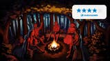 Header art for Eurogamer's Amarantus review, showing the cast of the game sitting around a campfire.
