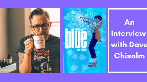 Purple banner featuring a headshot of Dave Chisolm drinking from a mug, a cover of Enter the Blue and text that reads An interview with Dave Chisolm