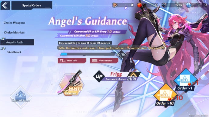 Tower of Fantasy screenshot showing the Angel's Path banner art, with Frigg falling while holding her sword in the background. Text in the forefront shows the pity system and time remaining for this banner.