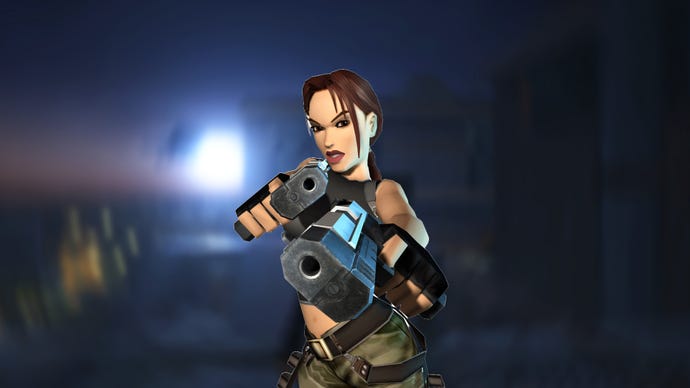 Lara Croft, in her Angel of Darkness iteration, stands pointing guns at the viewer.