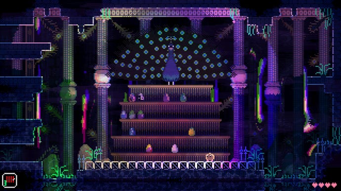 A screenshot from Shared Memories' pixel Metroidvania Animal Well, showing a peacock stood on a platform