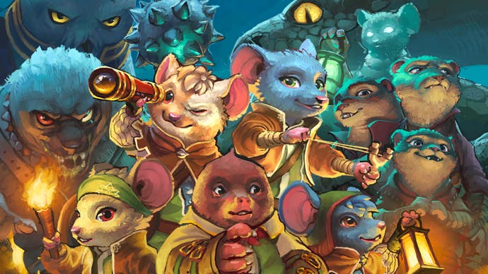 Key artwork for The Lost Legends of Redwall: The Scout Anthology depicting a group of woodland creatures holding torches, lamps and other tools
