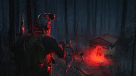 A scene of special forces soldiers walking through a forest towards a door surrounded by red mist