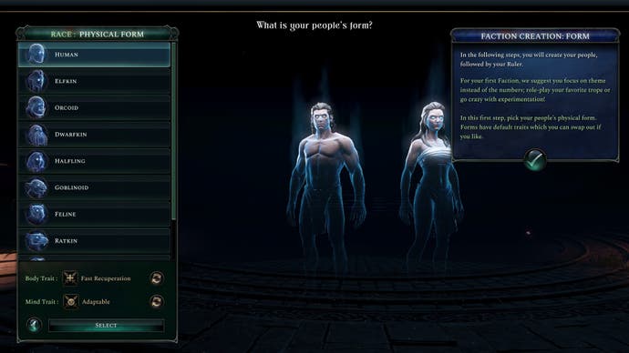Revisión de Age of Wonders 4: captura de pantalla que muestra la creación del personaje, con tipos de cuerpo masculino y femenino y más opciones en una columna a la izquierda