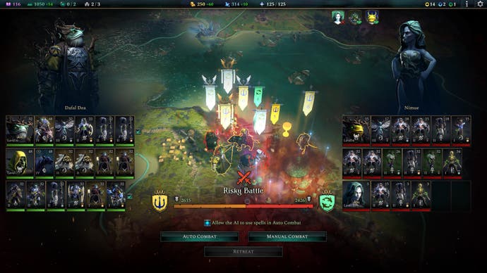 Age of Wonders 4 review - screenshot showing two large armies facing off for a 'risky battle'
