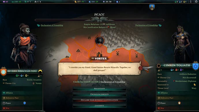 Revisión de Age of Wonders 4: captura de pantalla que muestra la pantalla de diplomacia entre dos facciones