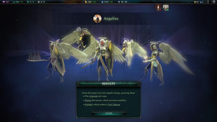 Age of Wonders 4 review - screenshot showing the race transformation screen, for a target race to become angels