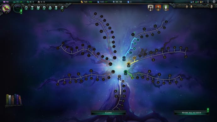 Revisión de Age of Wonders 4: captura de pantalla que muestra el árbol tecnológico brotando en siete ramas